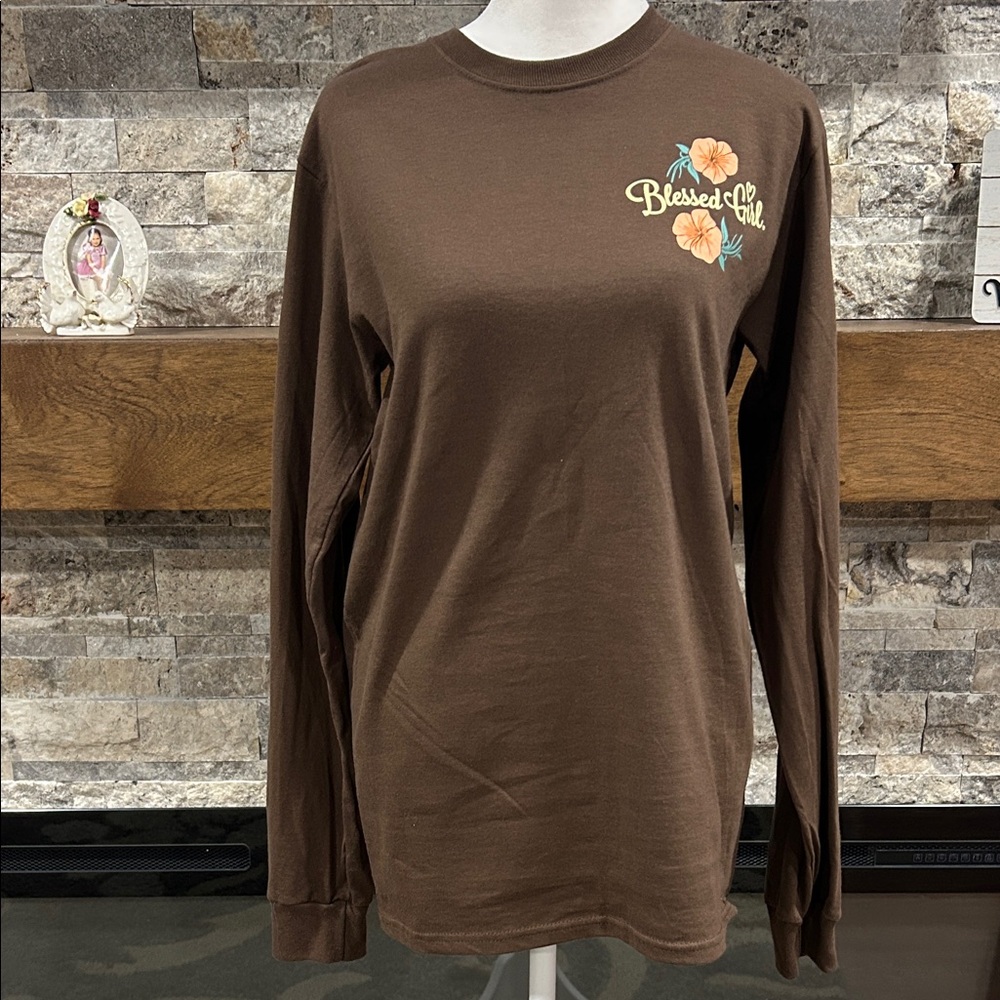 Blessed Girl Brown Long Sleeve Shirt with Floral Design new with tags size small
